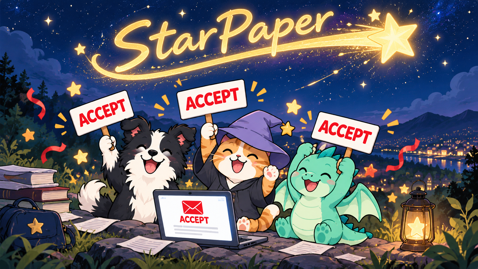 流星划过夜空；边牧、魔法橘猫和龙举起红色 ACCEPT，庆祝论文接收的愿望成真。