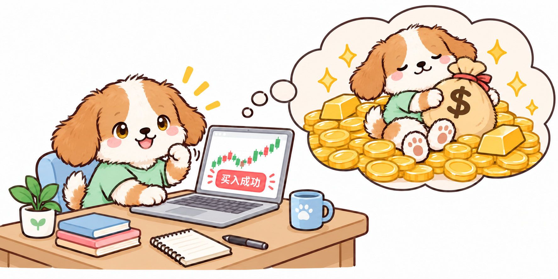 毛茸茸的黄眼睛小狗买入股票，幻想自己发财
